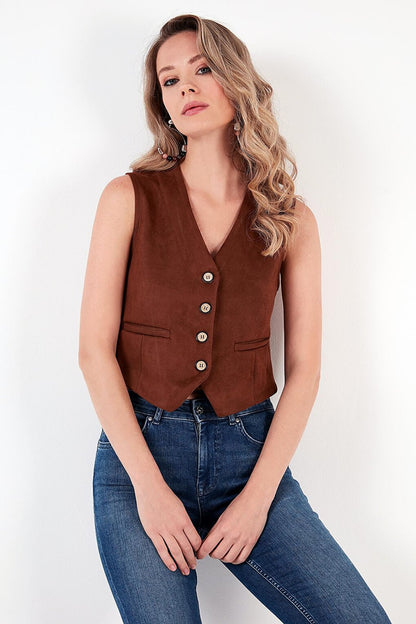 Fitted V Yak Buttoned Crop Scuba Suede Vest 5865576