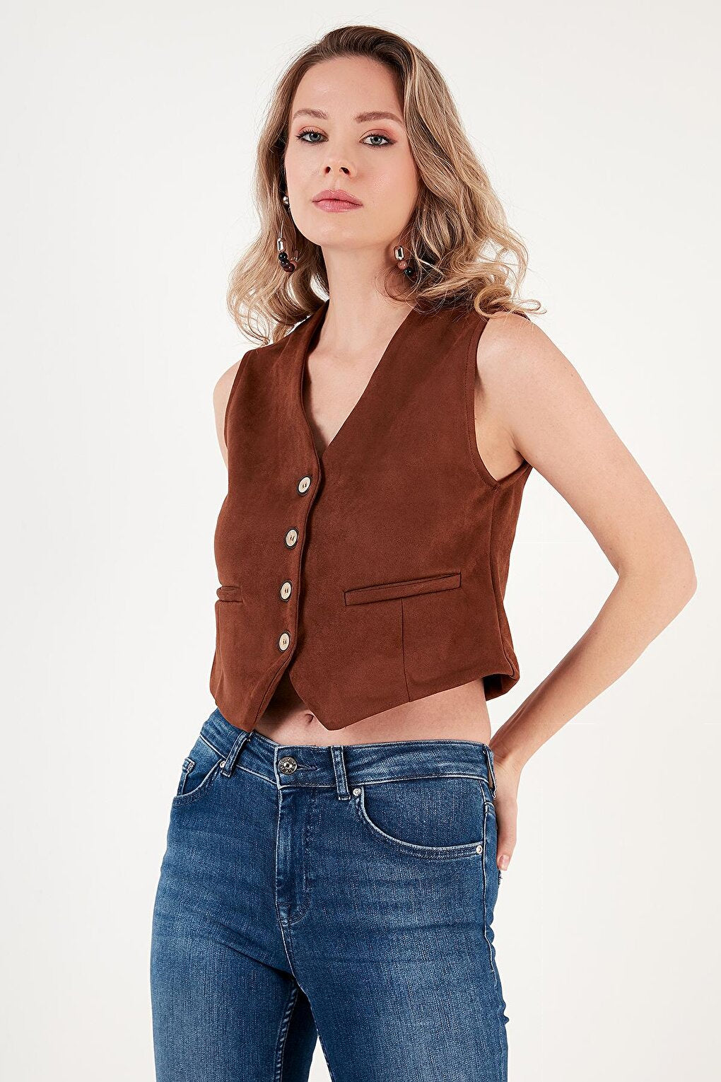 Fitted V-Neck Buttoned Crop Scuba Classic Vest 5865576