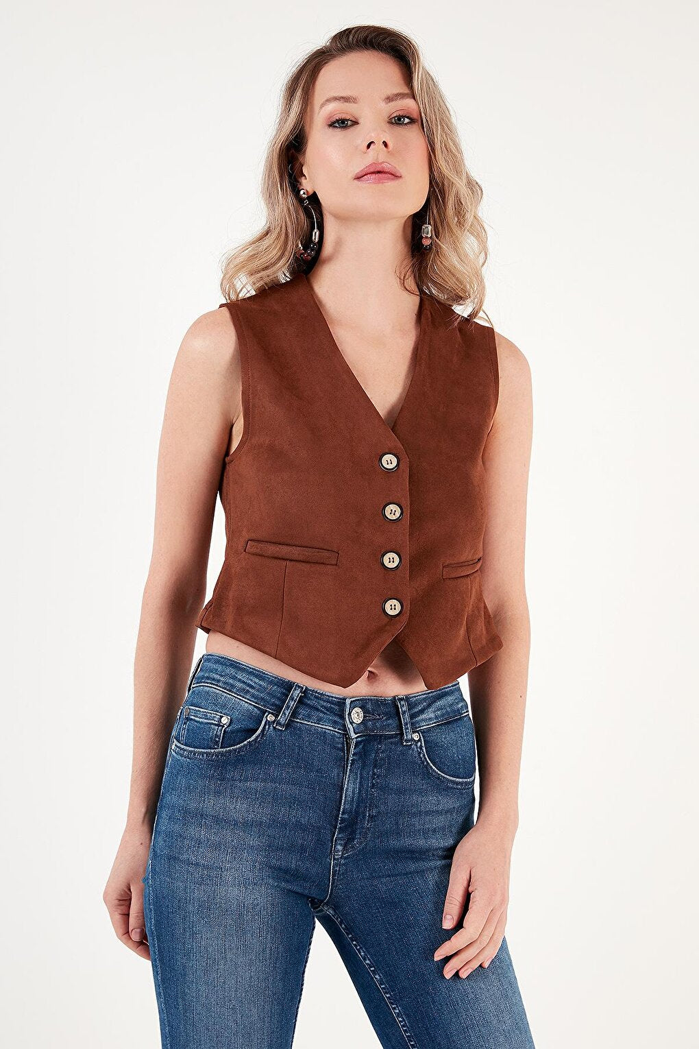 Fitted V Yak Buttoned Crop Scuba Suede Vest 5865576