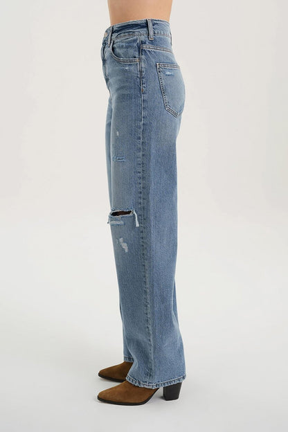 Medium Blue High Waist Straight Fit Zippered Jean Trousers C 4694-010