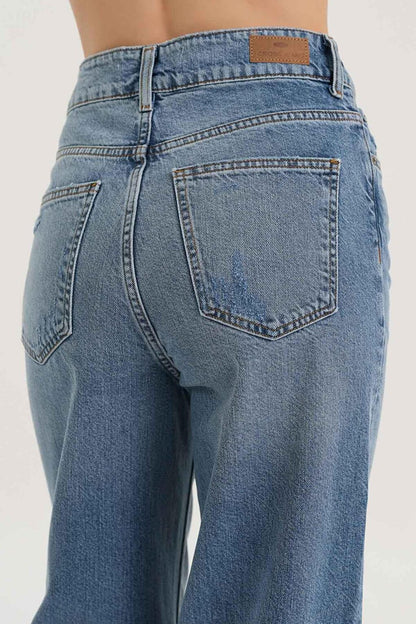 Medium Blue High Waist Straight Fit Zippered Jean Trousers C 4694-010