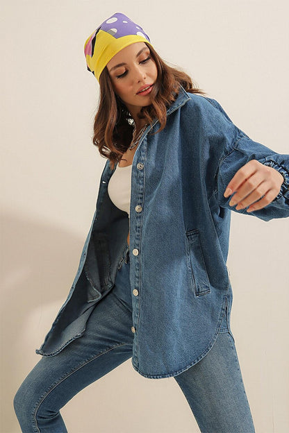 Women's Blue Balloon Sleeve Oversize Jean Jacket