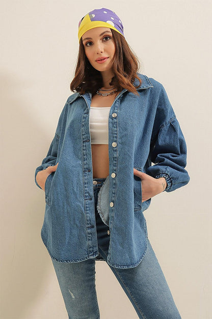 Women's Blue Balloon Sleeve Oversize Jean Jacket