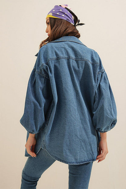 Women's Blue Balloon Sleeve Oversize Jean Jacket