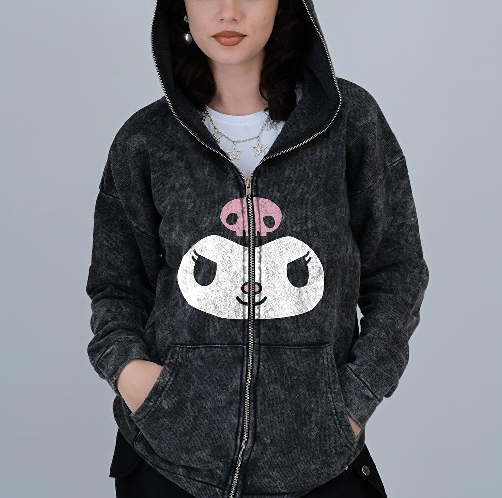 Kuromi Face Printed Vintage Washed Full Zip Detail Unisex Oversize Hooded Cardigan