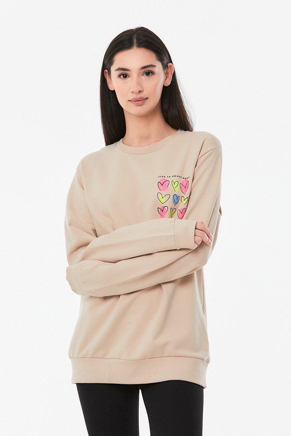 Heart Printed Crew Neck Girl's Sweatshirt