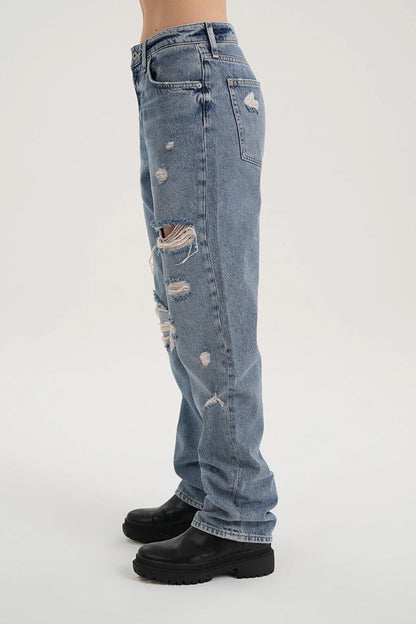 Gwen Medium Blue Mid Waist Buttoned Frayed Jean Trousers