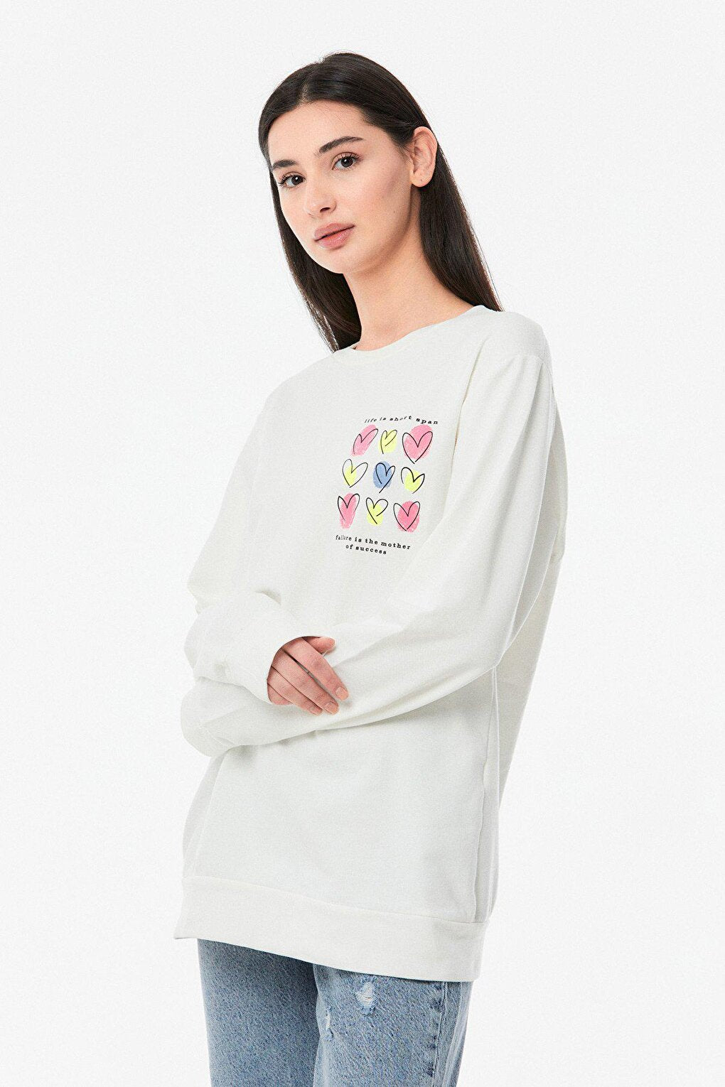 Heart Printed Crew Neck Girl's Sweatshirt