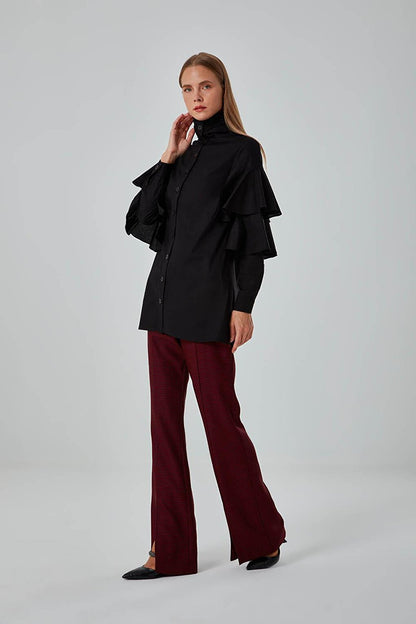 Ruffle Detailed Black Shirt