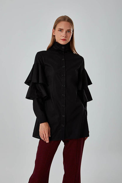 Ruffle Detailed Black Shirt