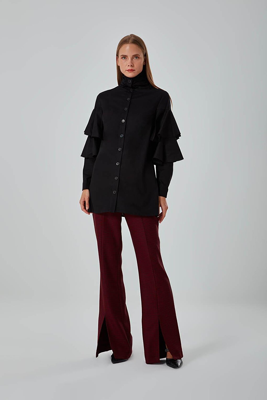 Ruffle Detailed Black Shirt