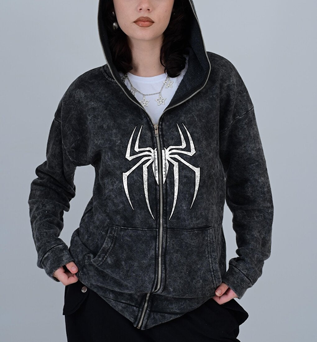 Spider Printed Vintage Washed Full Zip Detail Unisex Oversize Hooded Cardigan