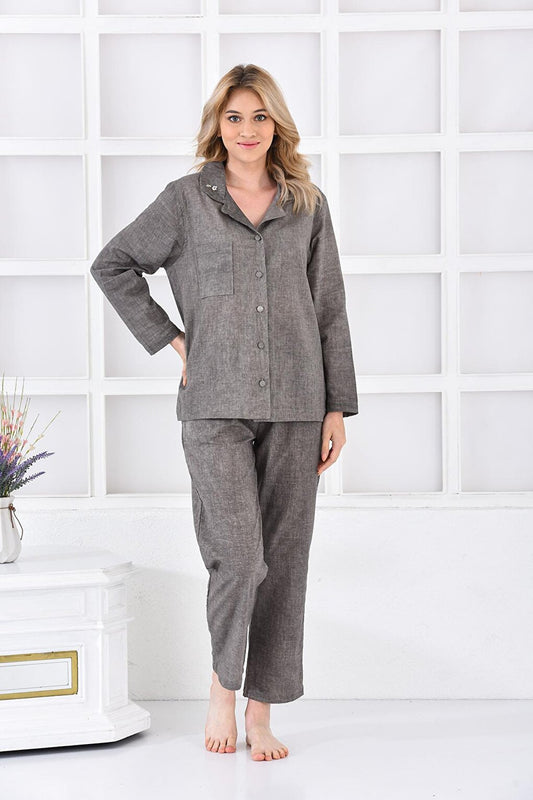 Helen Women's Pajama Set 100% Organic Cotton Linen Blended Green