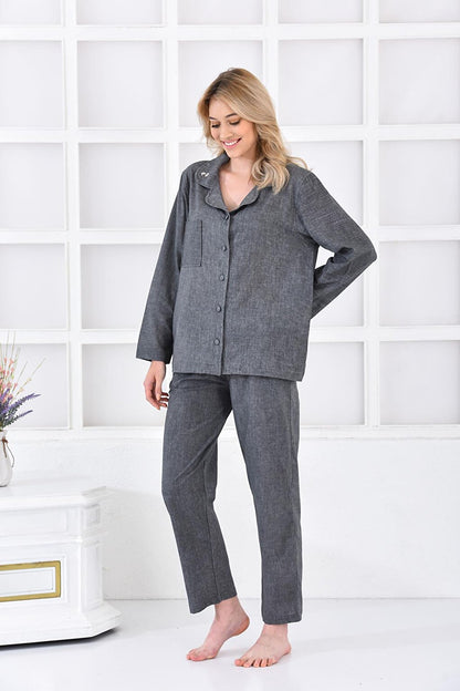 Helen Women's Pajama Set 100% Organic Cotton Linen Blended Anthracite