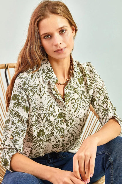 Women's Sleeve Folded Patterned Linen Shirt