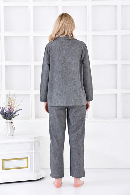 Helen Women's Pajama Set 100% Organic Cotton Linen Blended Anthracite