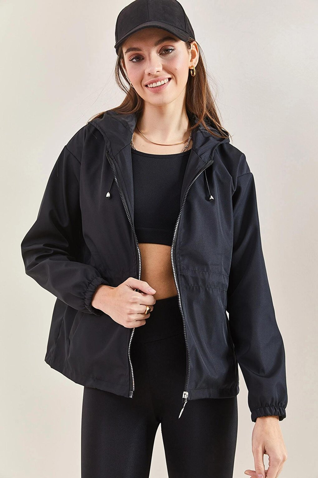 Women's Hooded Raincoat with Elastic Waist