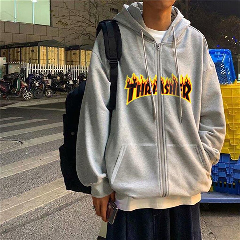 Thrasher Printed Oversize Zippered Gray Unisex Hooded Cardigan