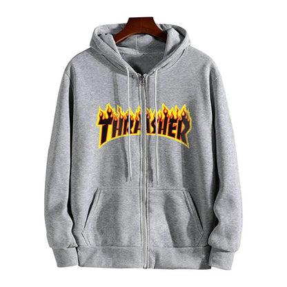 Thrasher Printed Oversize Zippered Gray Unisex Hooded Cardigan