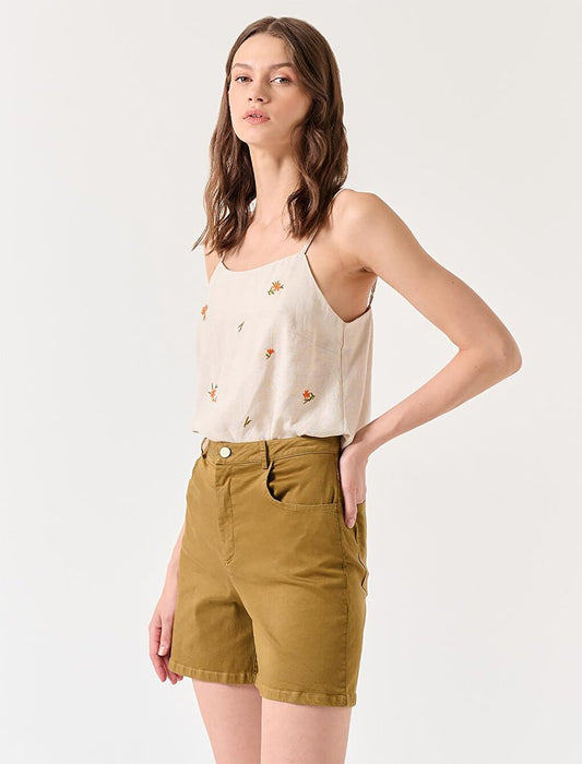 Khaki High Waist Pocket Gabardine Shorts