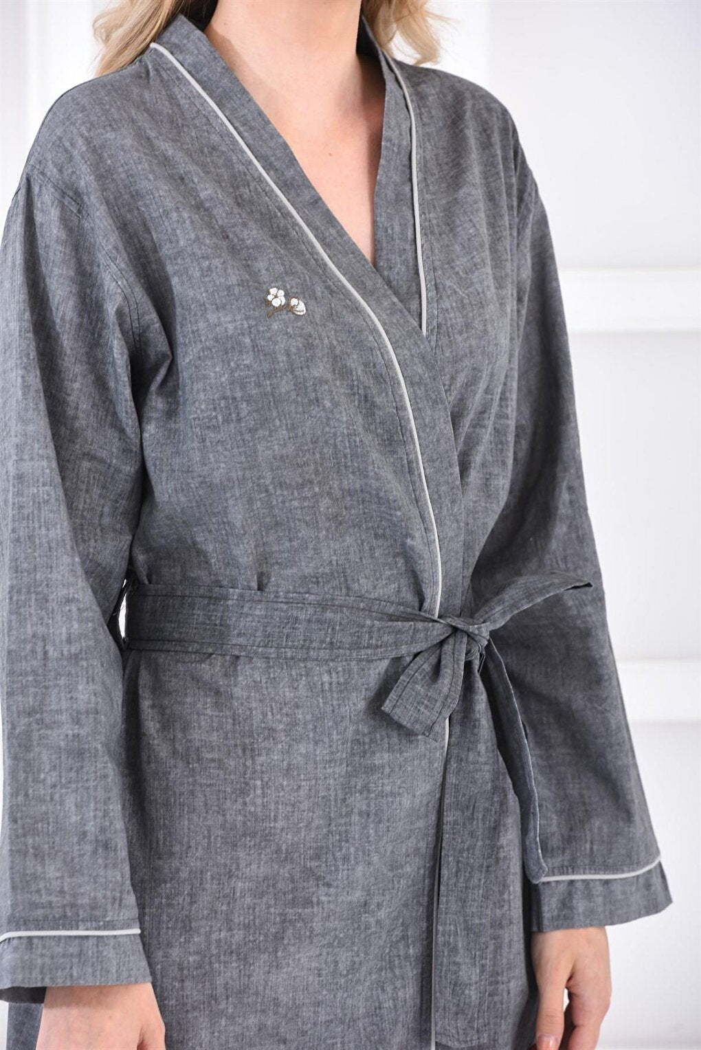 Helen Women's Dressing Gown 100% Organic Cotton Linen Blended Anthracite