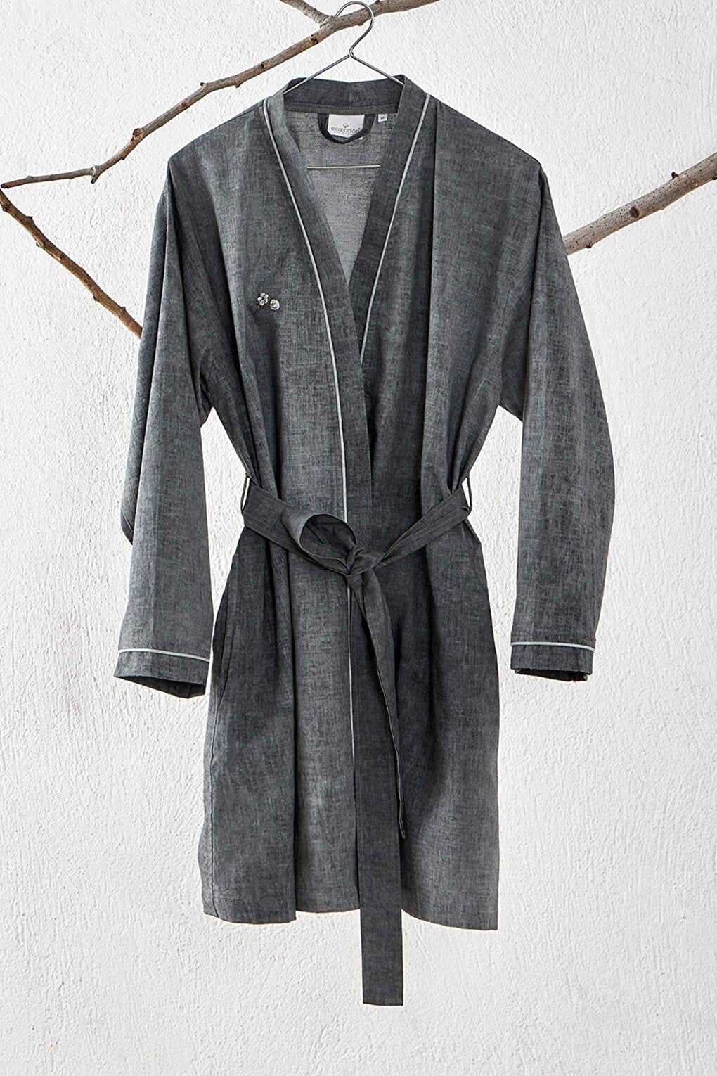 Helen Women's Dressing Gown 100% Organic Cotton Linen Blended Anthracite