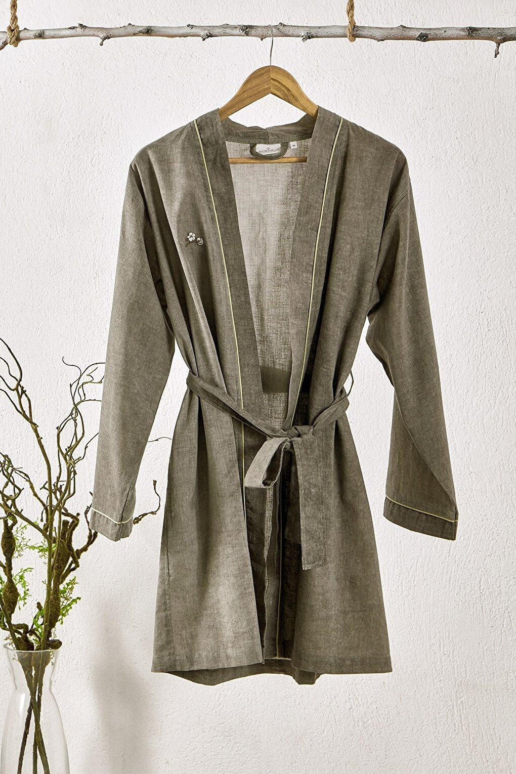 Helen Women's Dressing Gown 100% Organic Cotton Linen Blended Green