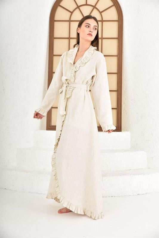 Miranda Women's Dressing Gown 100% Linen Piece Dye Beige