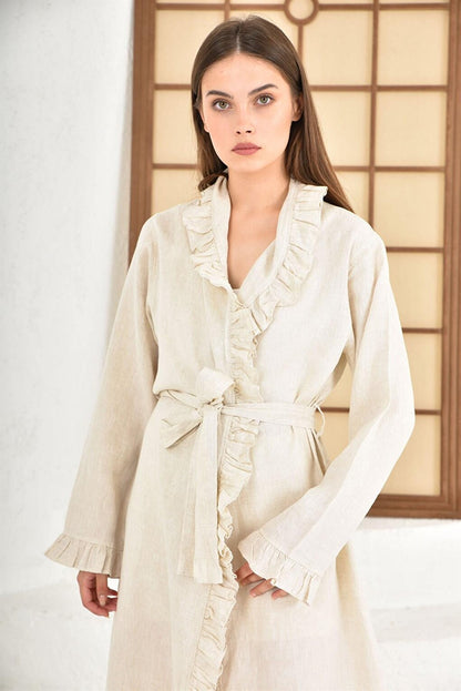 Miranda Women's Dressing Gown 100% Linen Piece Dye Beige