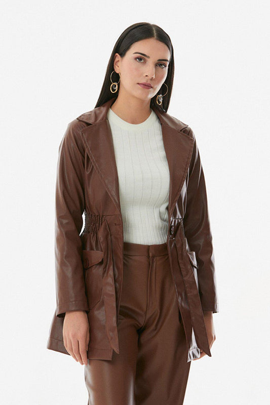 Faux Leather Trench Coat with Elastic Waist