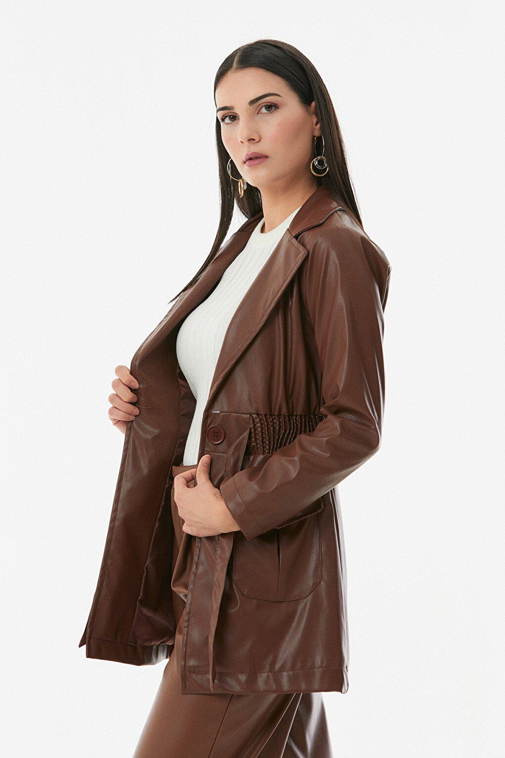 Faux Leather Trench Coat with Elastic Waist