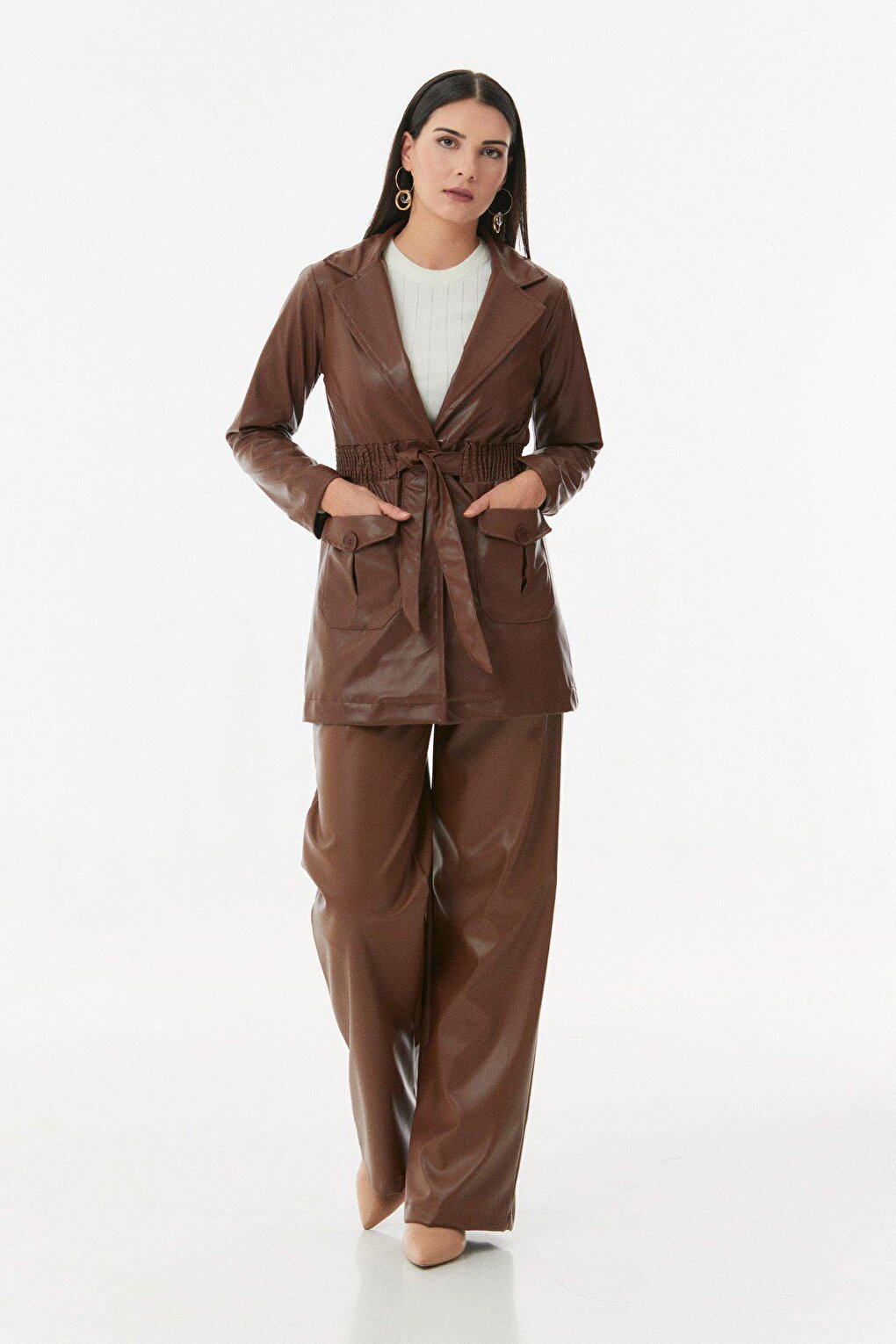 Faux Leather Trench Coat with Elastic Waist