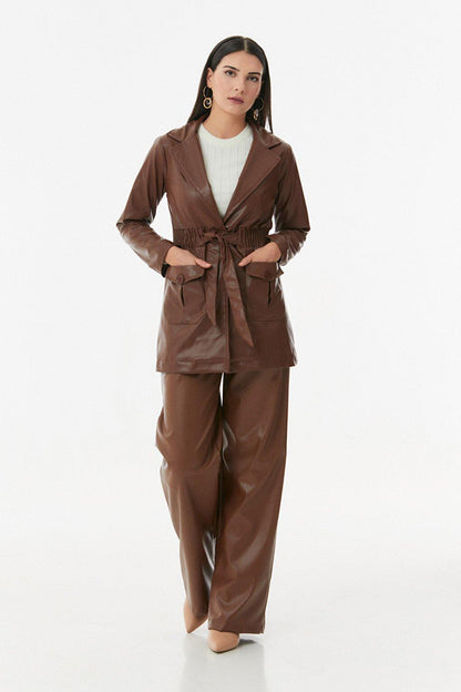 Faux Leather Trench Coat with Elastic Waist