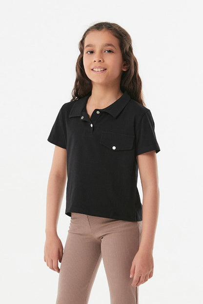 Polo Neck Girl's T-Shirt with Pocket Detail