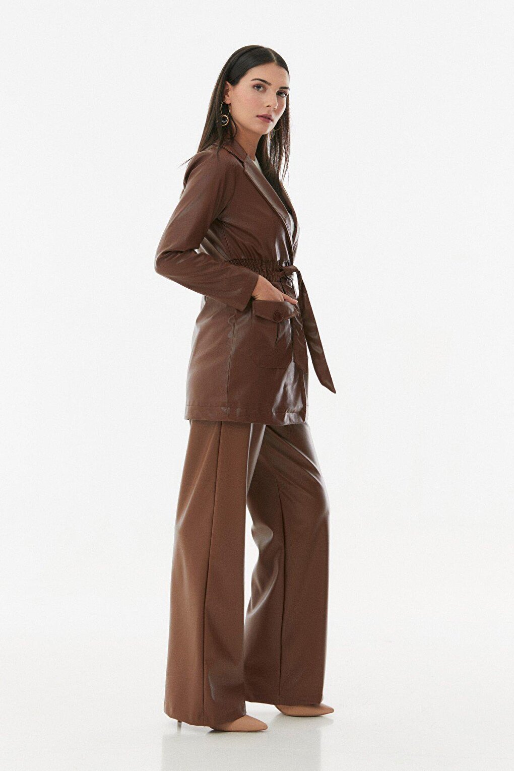 Faux Leather Trench Coat with Elastic Waist