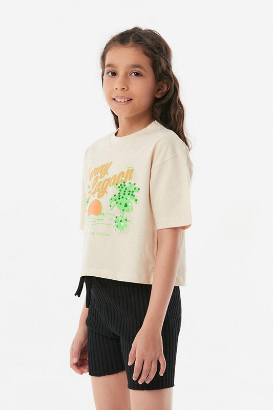 Printed Crew Neck Girls' T-Shirt