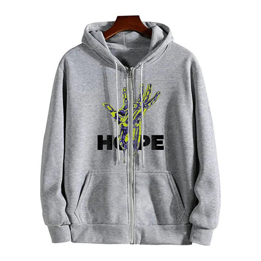 Hope Hand Printed Oversize Zippered Gray Unisex Hooded Cardigan