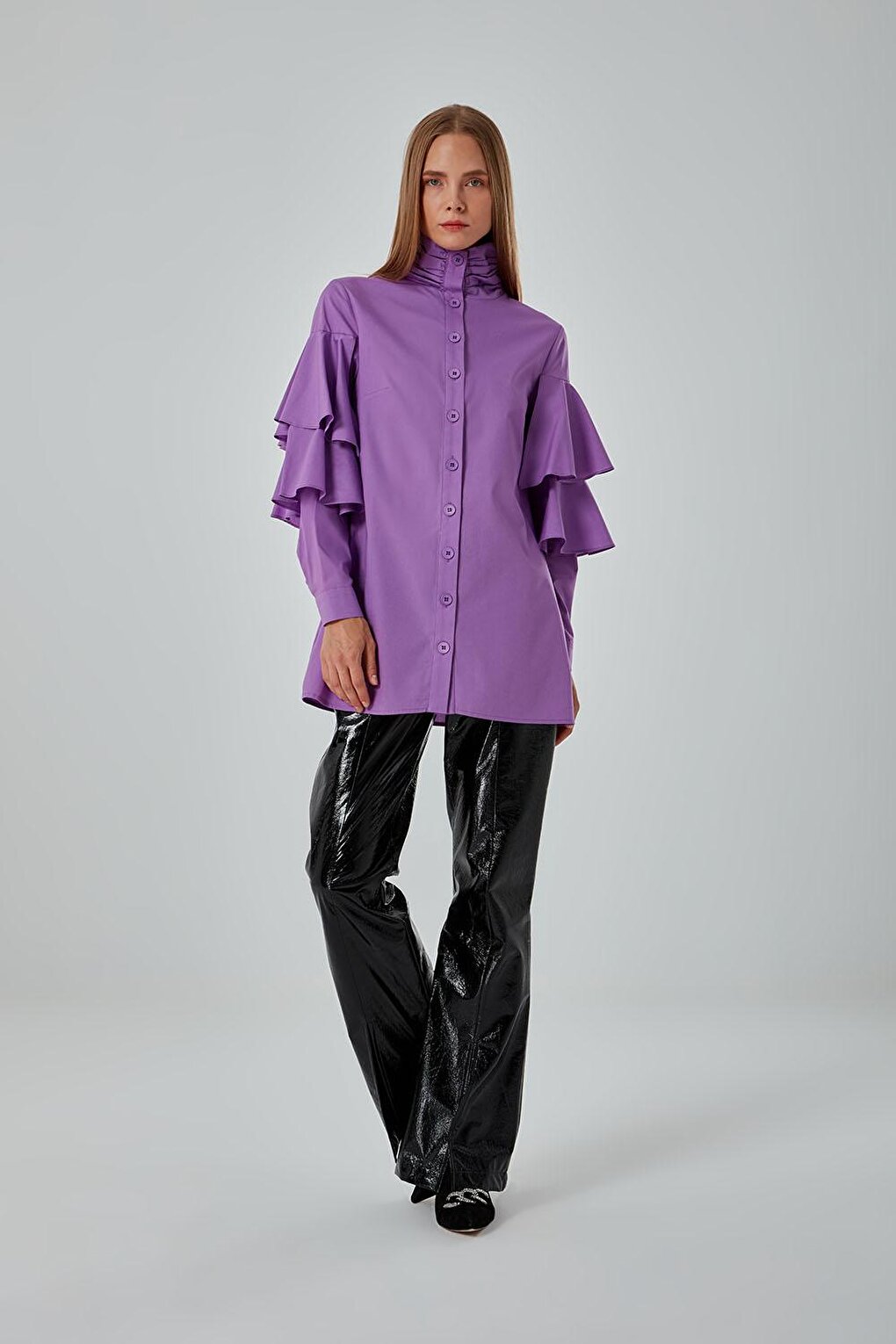 Ruffle Detailed Dark Lilac Shirt