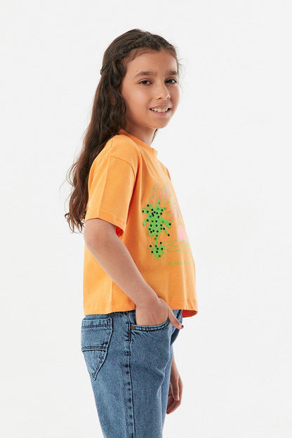 Printed Crew Neck Girls' T-Shirt