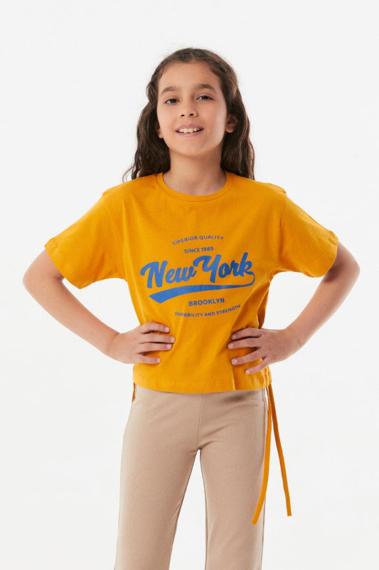 New York Printed Side Gathered Girl's T-Shirt