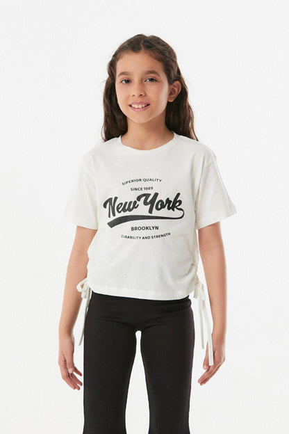 New York Printed Side Gathered Girl's T-Shirt