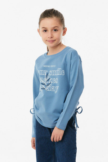 Printed Side Gathered Girl's Sweatshirt