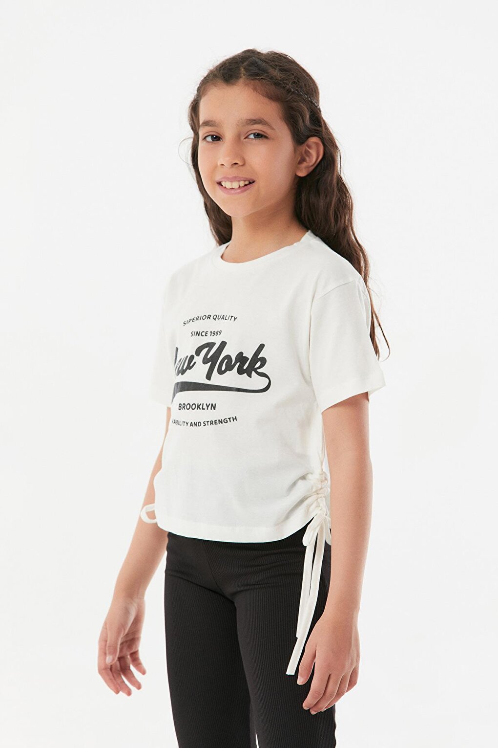 New York Printed Side Gathered Girl's T-Shirt