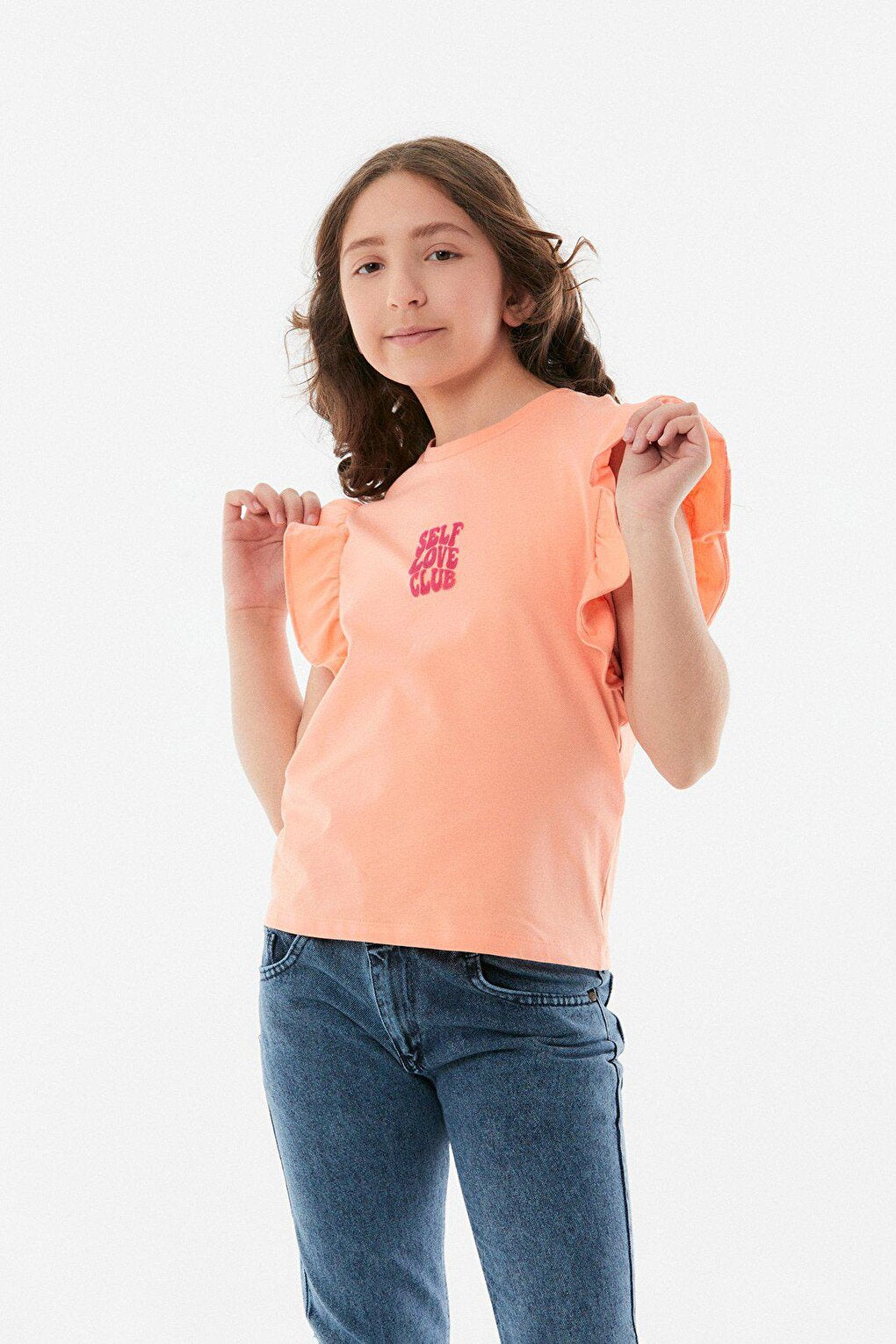 Embroidered Girl's T-Shirt with Ruffled Sleeves