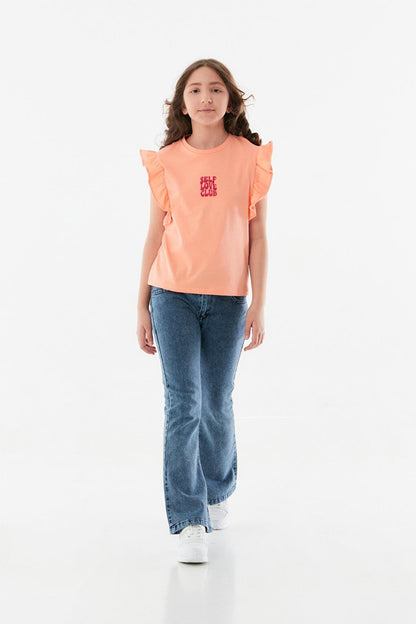 Embroidered Girl's T-Shirt with Ruffled Sleeves