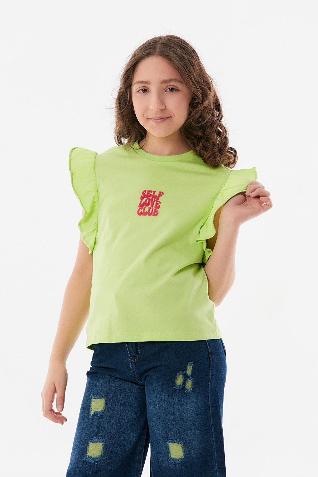 Embroidered Girl's T-Shirt with Ruffled Sleeves