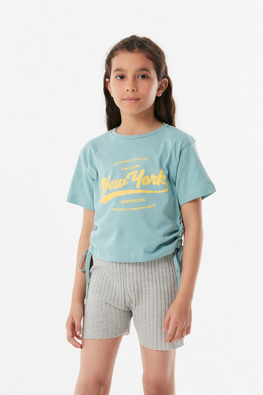 New York Printed Side Gathered Girl's T-Shirt