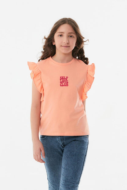 Embroidered Girl's T-Shirt with Ruffled Sleeves