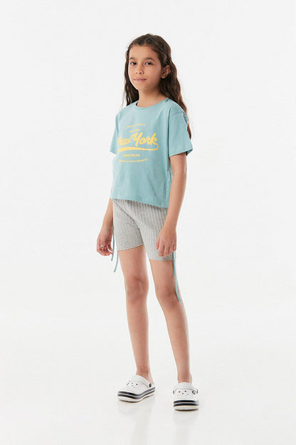 New York Printed Side Gathered Girl's T-Shirt