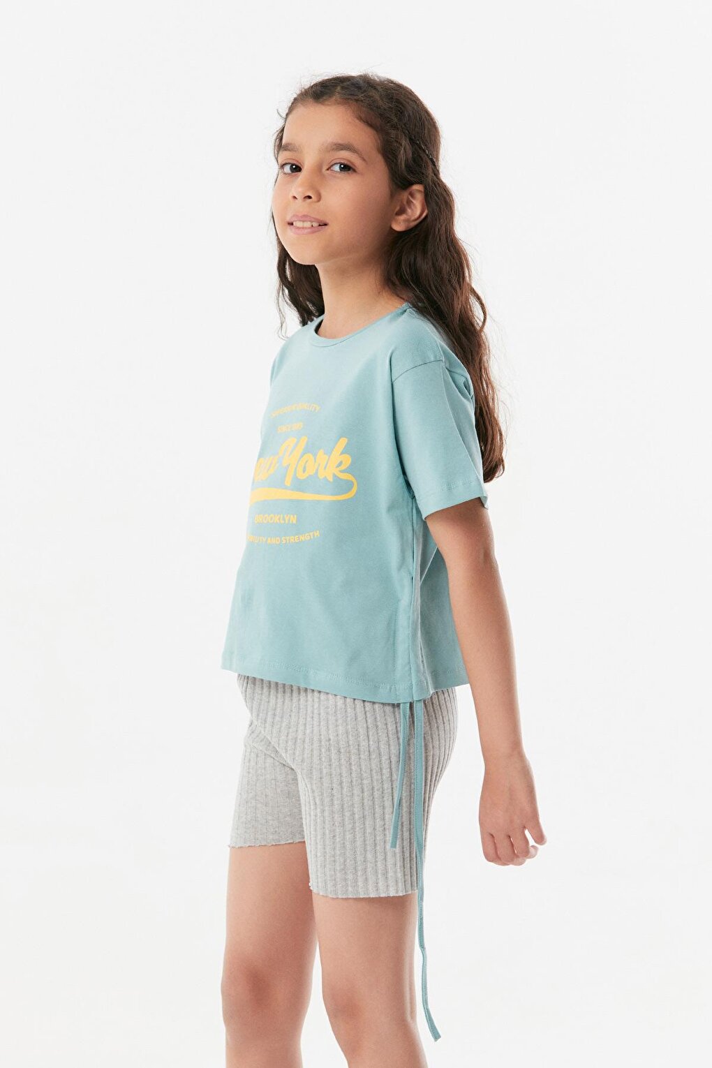 New York Printed Side Gathered Girl's T-Shirt